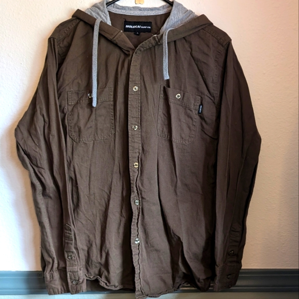 Molokai Surf Co shirt jacket w/ hood, button up, men's L, olive green